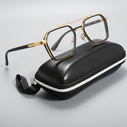 Oversized square metal-framed sunglasses with dark tinted lenses, displayed resting on a black zippered hard case against a dark gray background. The brand name 'Sxgals' is visible in the top left corner.