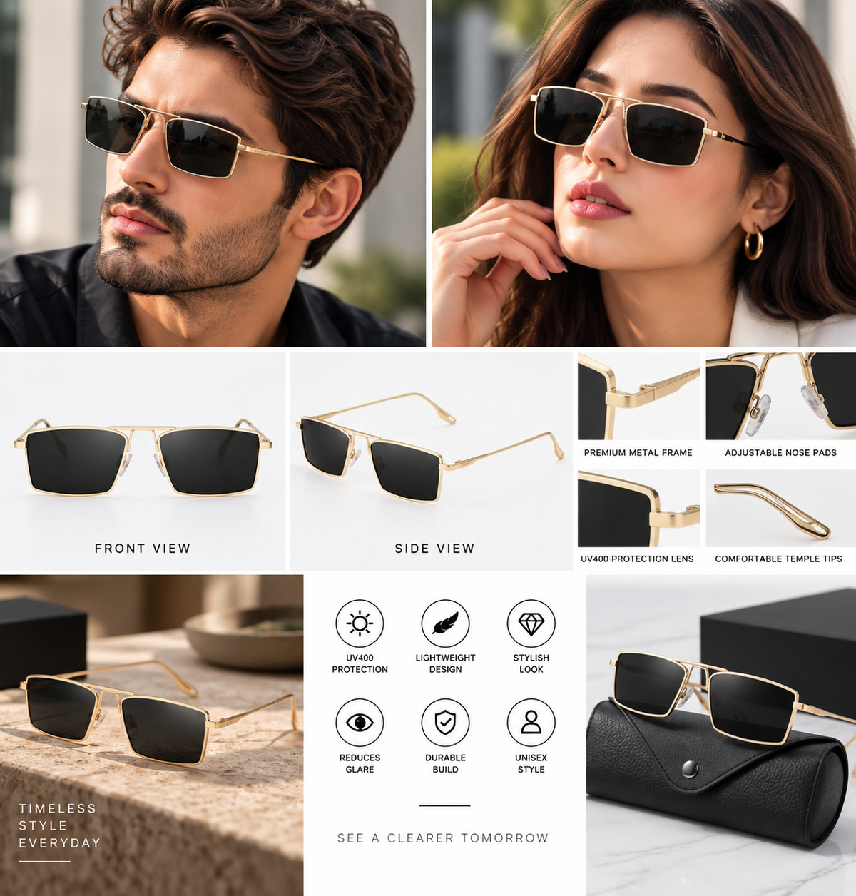 Rocco Bellano Gold Rectangular Sunglasses for Men & Women – Black Lens