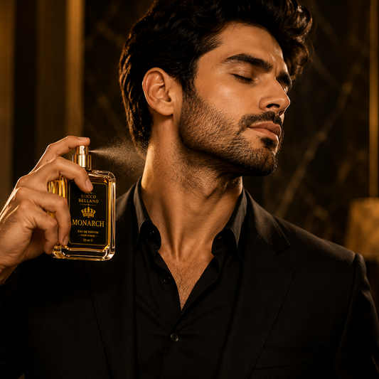 Man holding a perfume bottle labeled 'Monarch' in a dimly lit setting