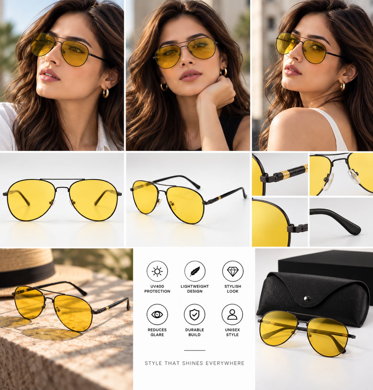 Rocco Bellano Yellow Lens Aviator Sunglasses – Black Frame