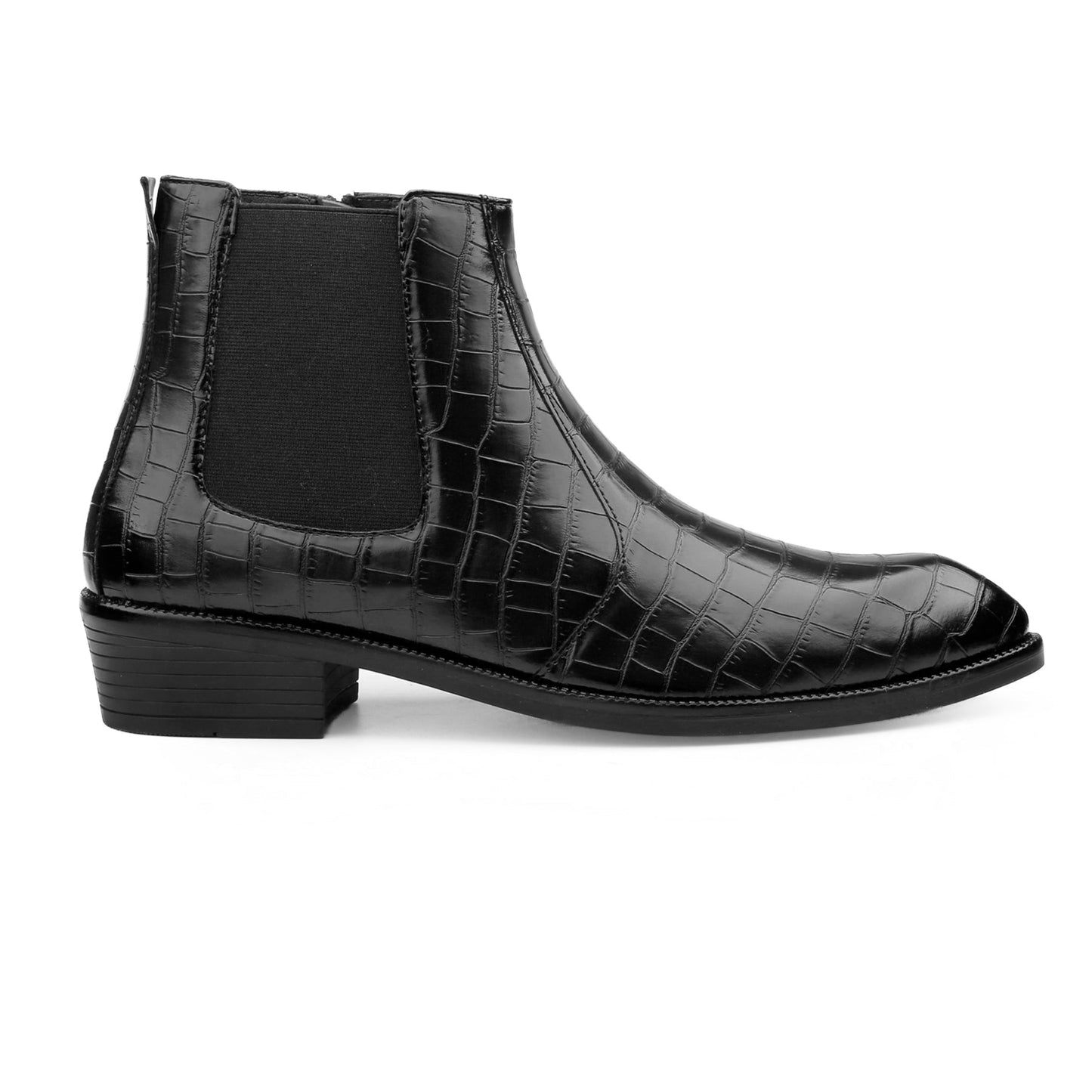 Black crocodile-patterned leather ankle boot on a white background
