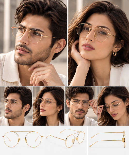A collage showing a man and a woman wearing round metal eyeglasses in multiple close-up views, plus three isolated product views of the glasses at the bottom. The glasses have thin gold-tone frames and clear lenses.