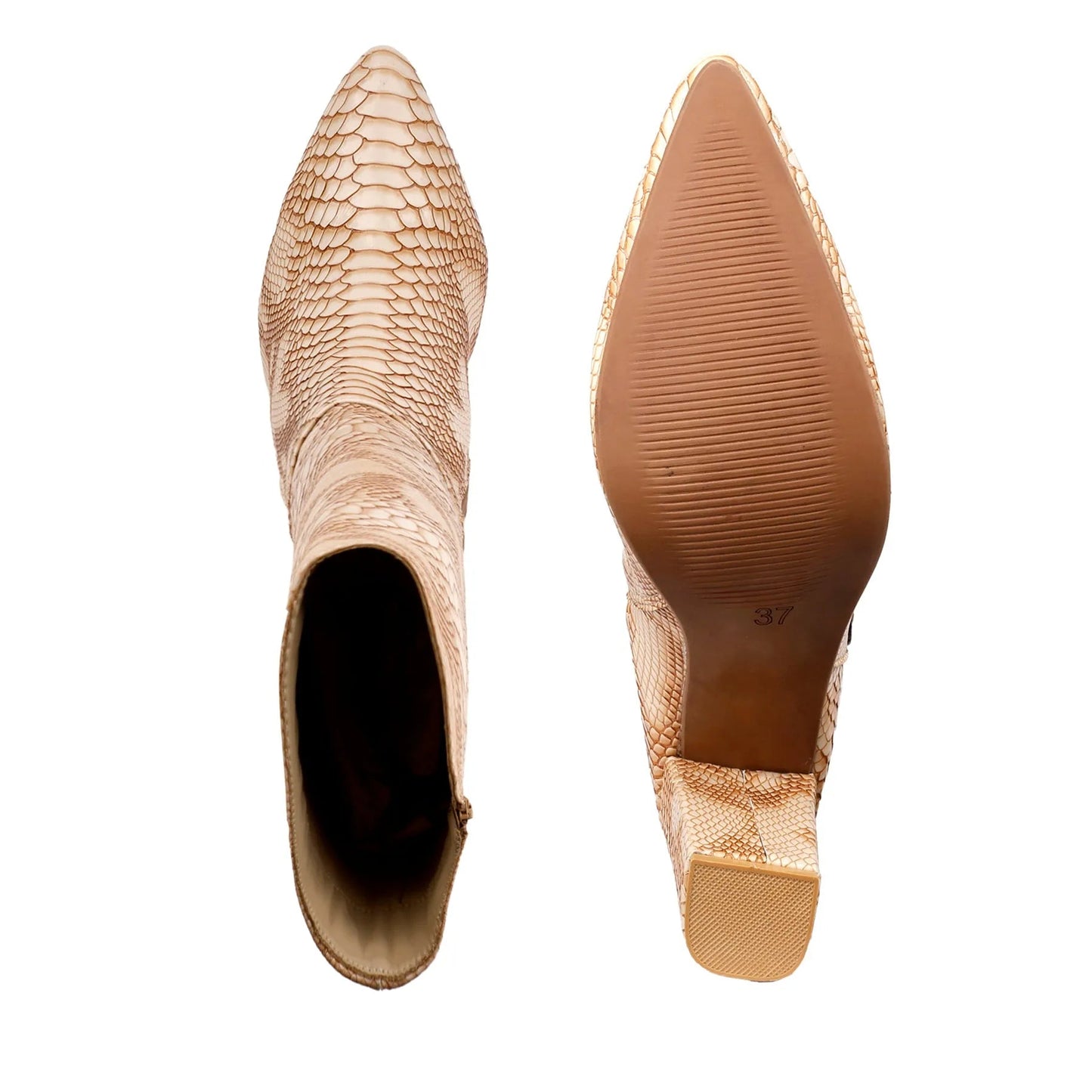 A pair of pointed-toe ankle boots with a beige and brown snakeskin pattern, shown from both the side and sole views against a white background.