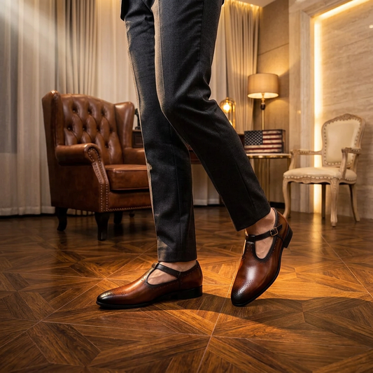 A pair of men's brown leather T-strap dress shoes with brogue perforations and gold-tone heels, displayed on a marble table with a branded shoebox in the background.