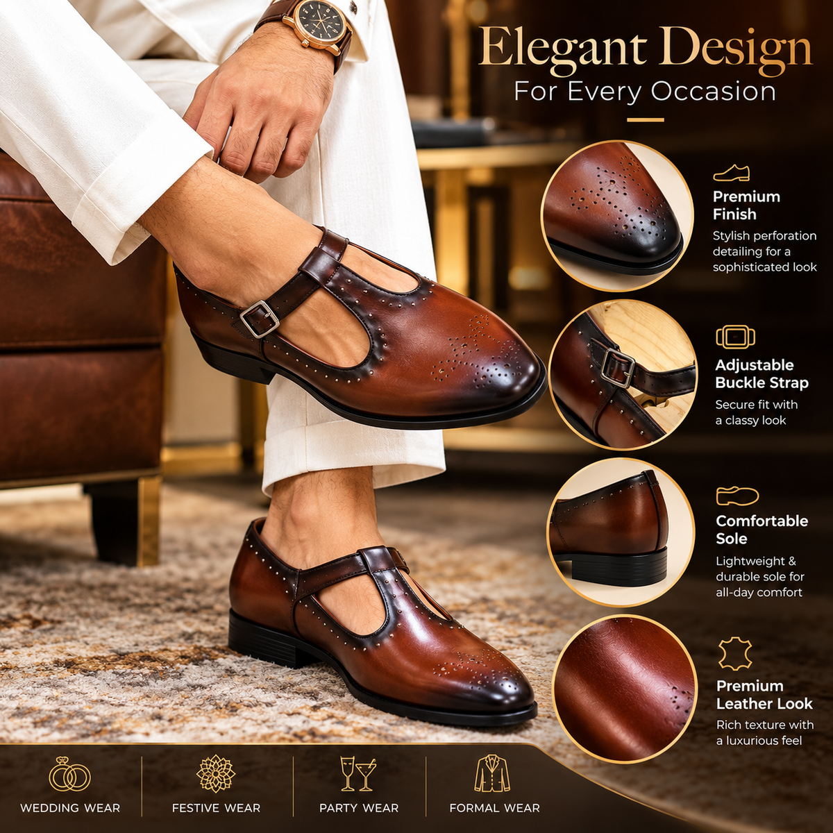 A man wearing brown brogue T-strap dress shoes with white trousers, seated in a warm indoor setting. The image includes feature callouts and text highlighting premium finish, adjustable buckle strap, comfortable sole, and leather look.