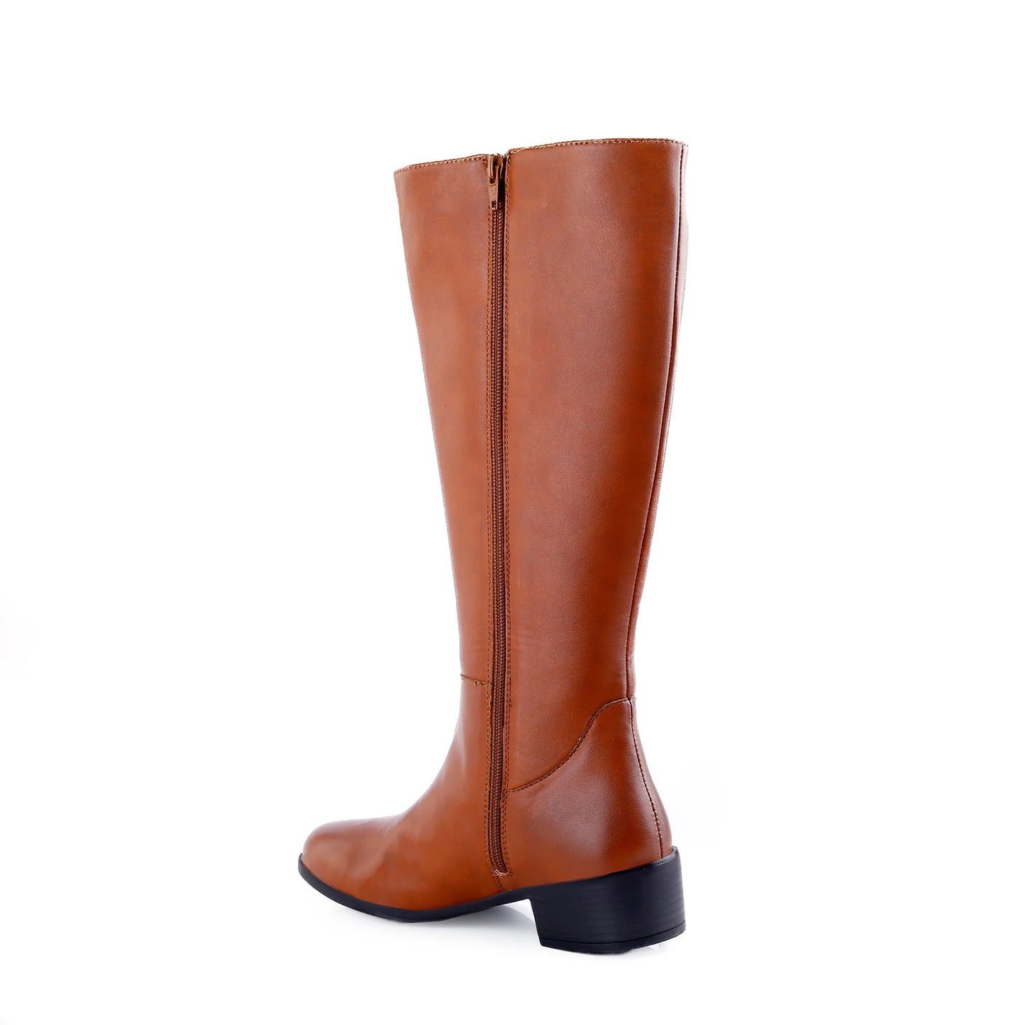 A single knee-high brown leather boot shown from the side profile on a clean white background.