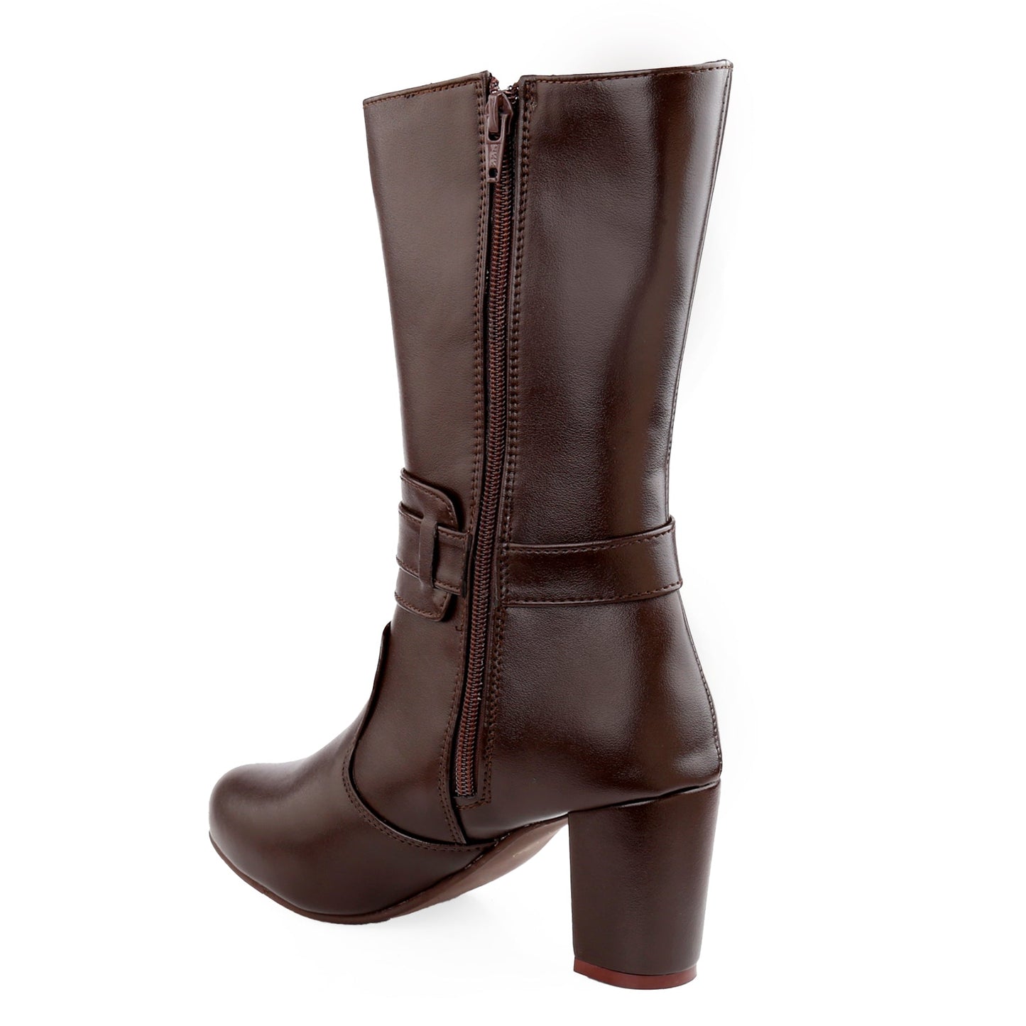 A dark brown faux-leather knee-high boot with a side zipper, a decorative strap detail with a buckle, and a chunky block heel, shown from a three-quarters back view on a white background.