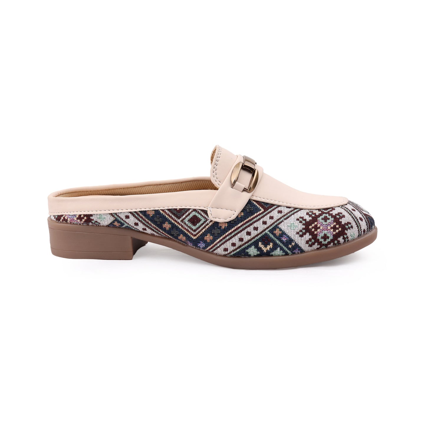 Mule shoe with patterned sole and beige top on a white background