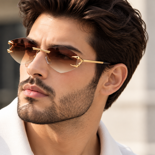 Shop Rocco Bellano rimless sunglasses with brown gradient lenses, gold detailing and a distinctive geometric design. Stylish unisex fashion eyewear.