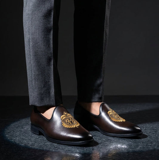 Rocco Bellano Men's Black Gold Crest Loafers Slip on