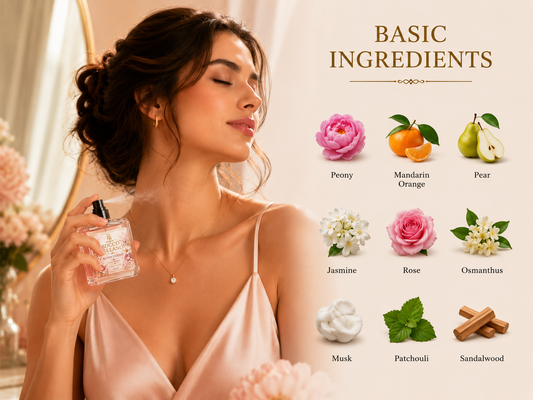 Woman holding a perfume bottle with floral ingredient illustrations on a light background