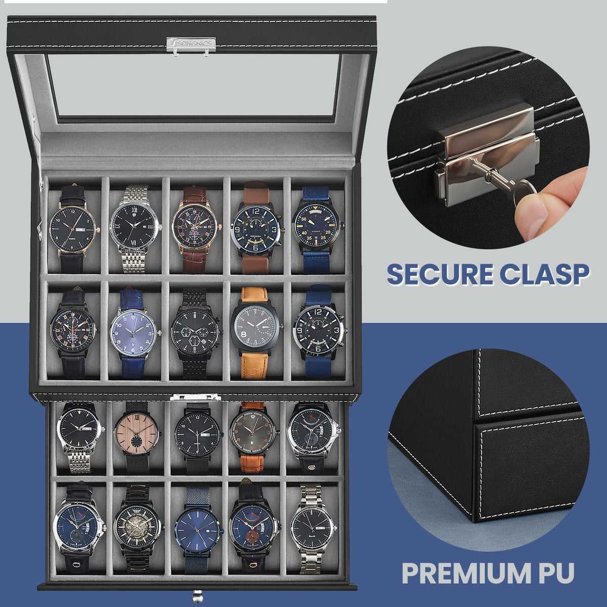 20-Slot Watch Box with Drawer & Glass Lid | Rocco Bellano