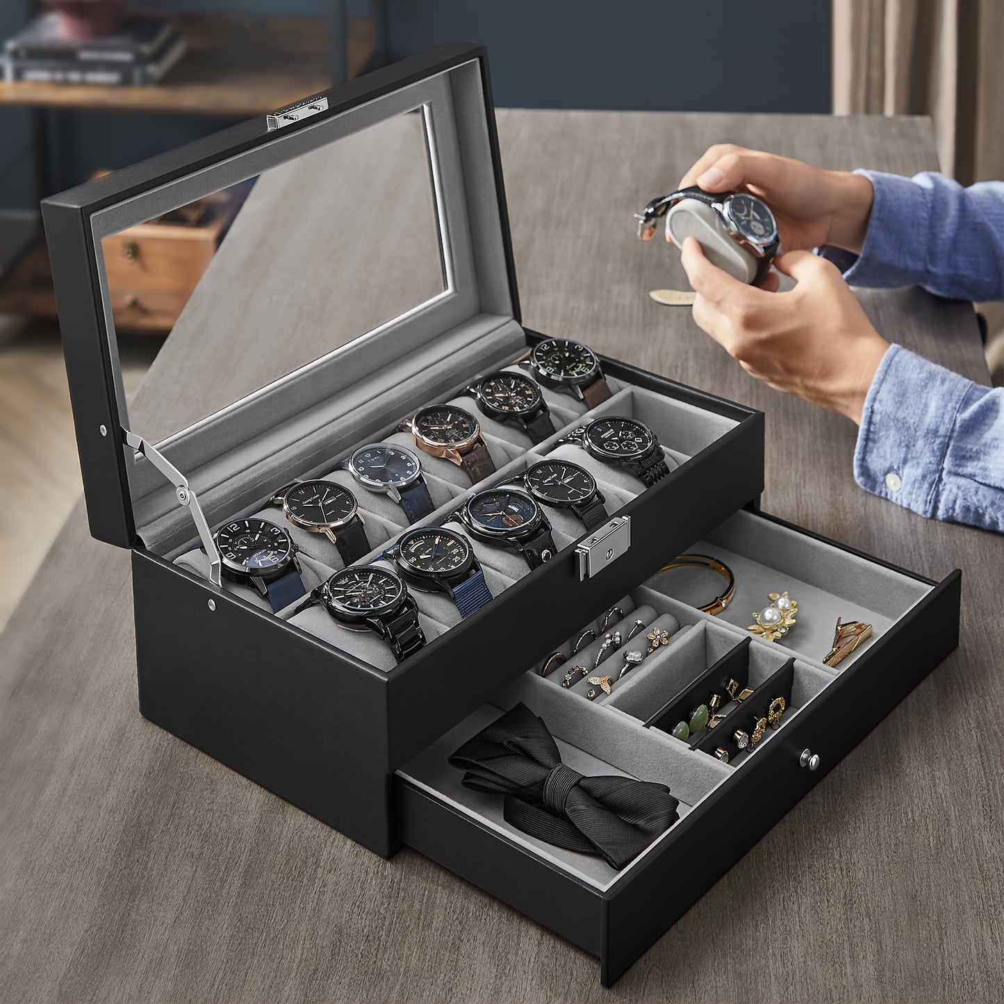 Rocco Bellano 12-Slot Watch Box | Lockable Jewelry & Watch Case