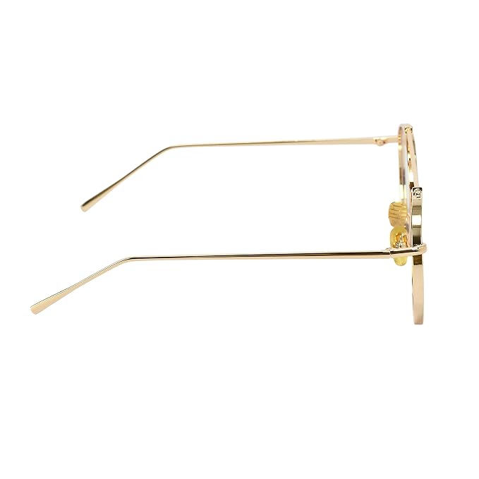 Gold metal square eyeglasses shown from the side profile against a solid white background.