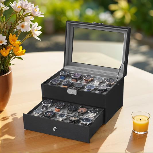 20-Slot Watch Box with Drawer & Glass Lid | Rocco Bellano