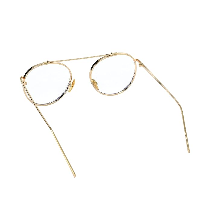 Thin gold metal eyeglass frames with clear round lenses and long temples, shown on a plain white background.