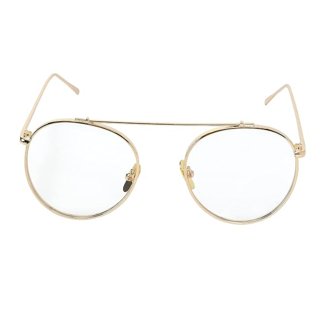 Gold metal aviator-style eyeglasses with clear lenses, featuring a double bridge and thin temples, shown against a plain white background.