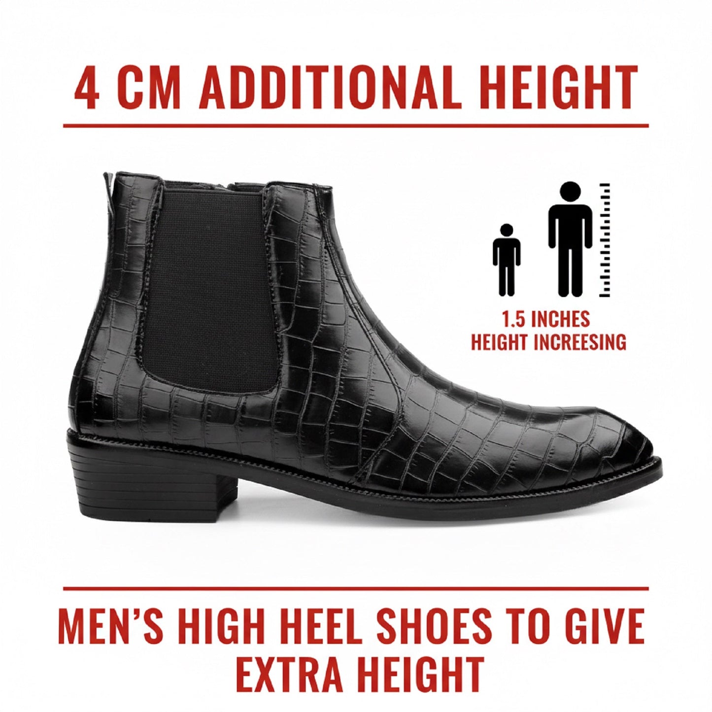 A black crocodile-embossed ankle boot with a black elastic side panel, shown on a white background with red text and height-increasing graphics explaining added height.