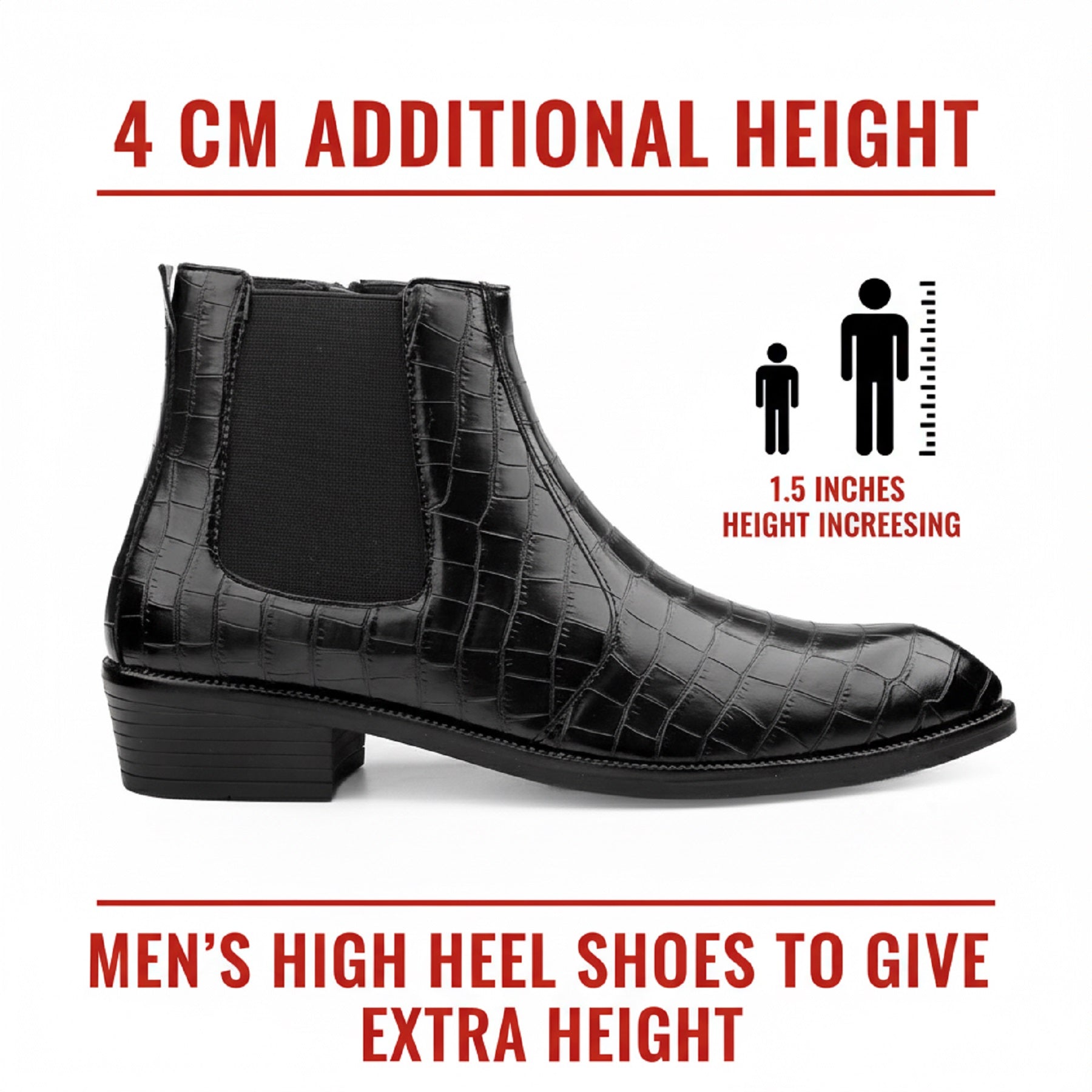 A black crocodile-embossed ankle boot with a black elastic side panel, shown on a white background with red text and height-increasing graphics explaining added height.
