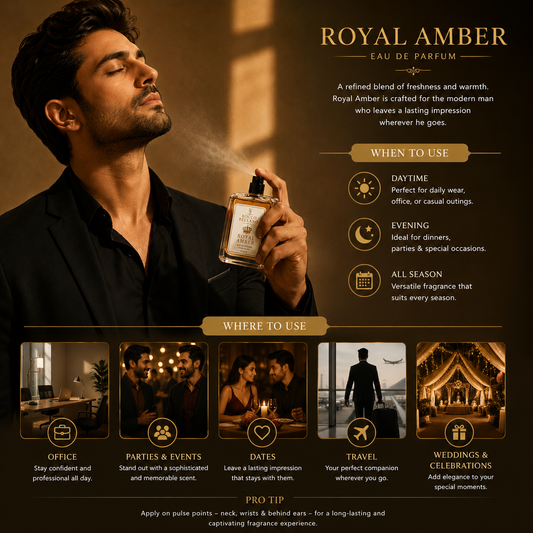 Advertisement for Royal Amber eau de parfum featuring a man spraying perfume with usage instructions.