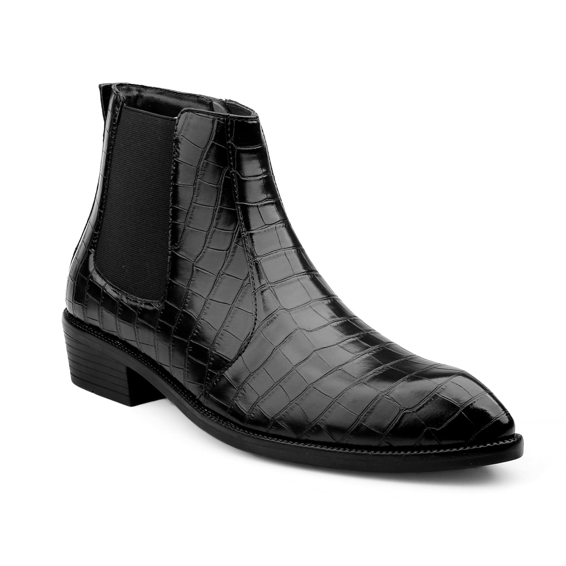Black crocodile-patterned ankle boot on a white background