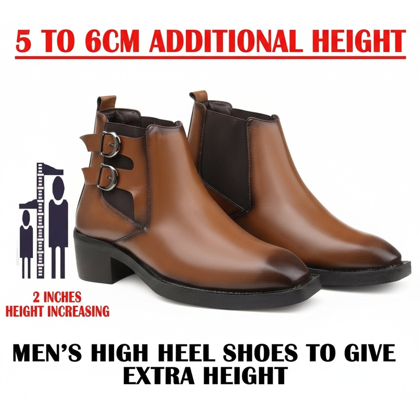 Brown men's high heel shoes with text indicating additional height and heel size.