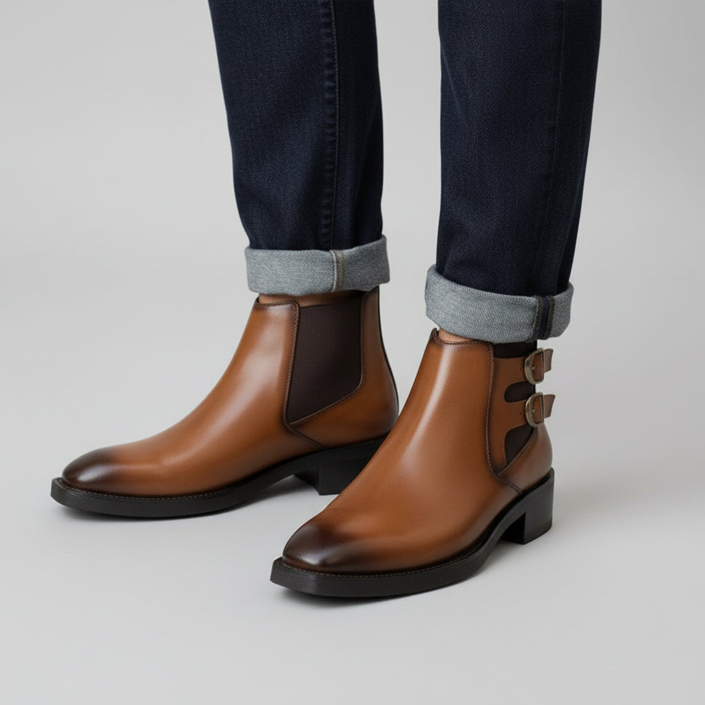 Brown leather boots with buckles worn with dark jeans on a stone pavement.