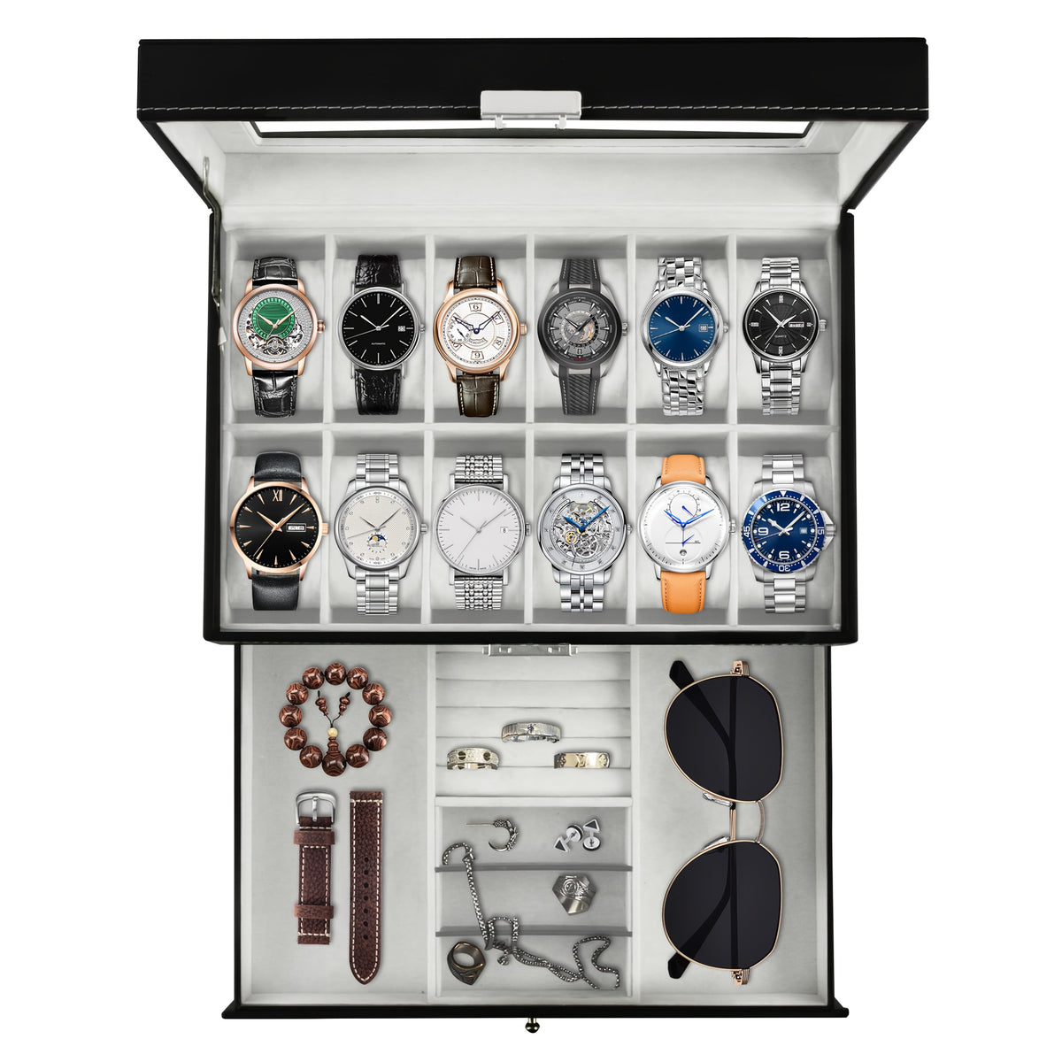Watch and jewelry organizer with various watches, a bracelet, and sunglasses.