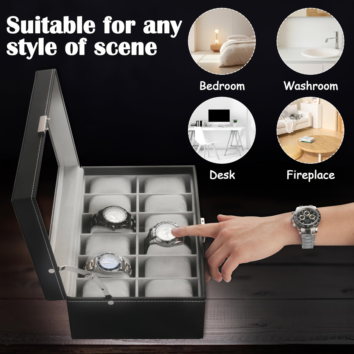 A black faux-leather watch box with a clear lid, shown open with four watch slots containing wristwatches. A human hand is pointing toward the center watch slot.