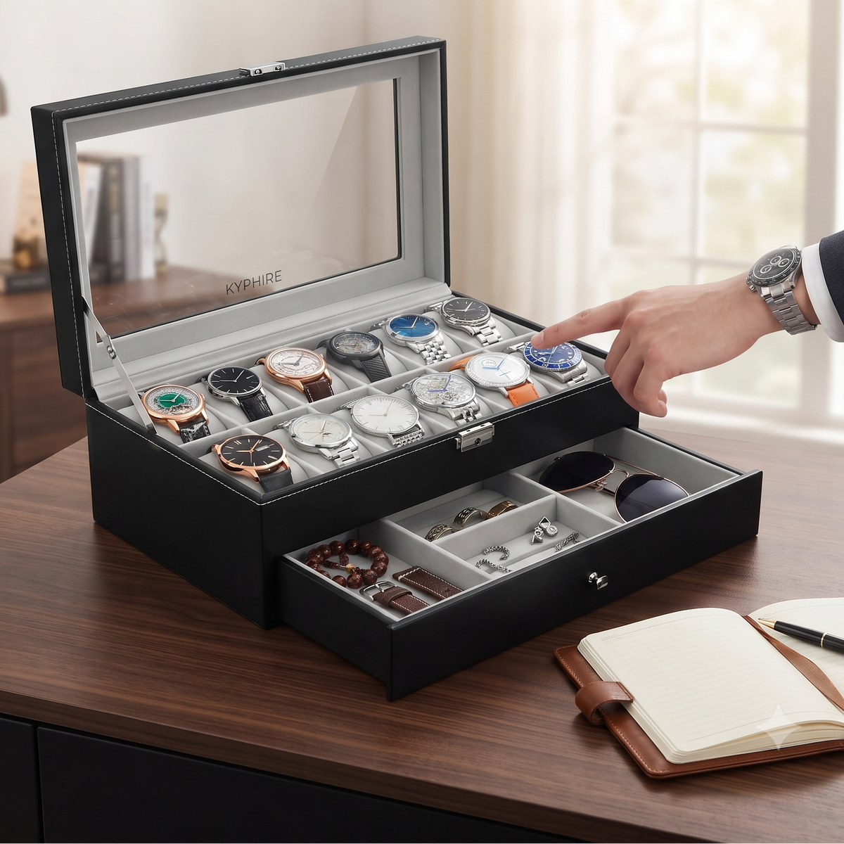 A black leather watch and jewelry organizer box with a glass lid is open on a wooden desk, displaying multiple watches and jewelry in its compartments. A hand is pointing toward the watches inside.