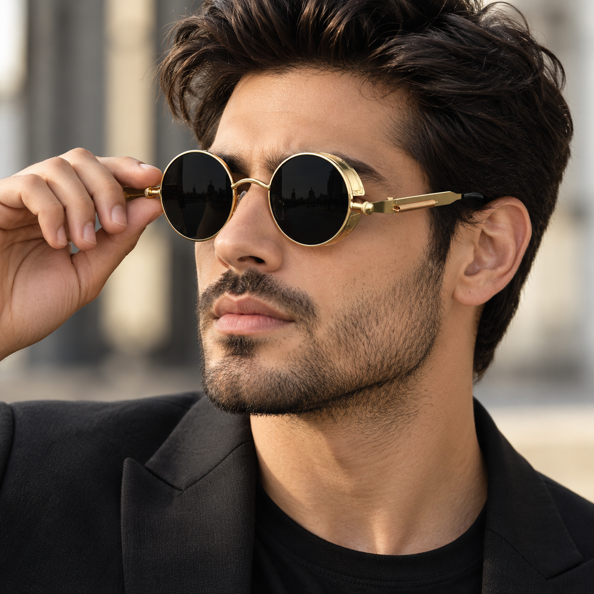 A man wearing round gold-framed sunglasses with dark lenses, holding one side of the frame with his hand. He is dressed in a black blazer and black shirt, with a softly blurred outdoor architectural background.