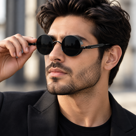 A close-up of a man wearing round black sunglasses with thin dark metal frames, holding one lens with his hand. He is dressed in a black blazer and black t-shirt, set against a softly blurred outdoor background.