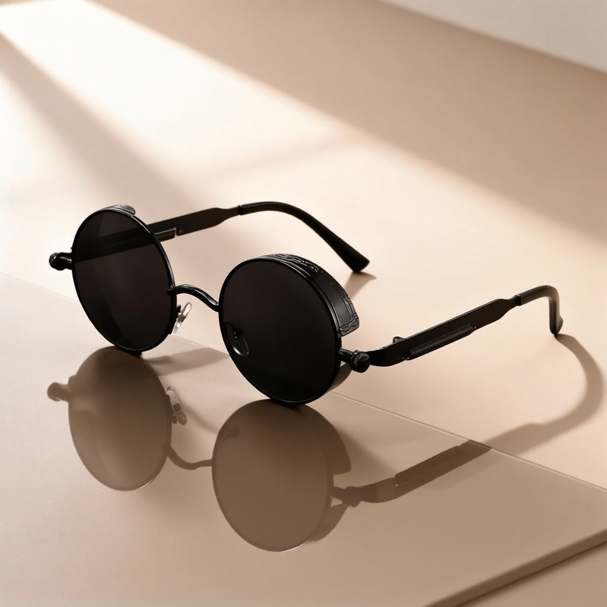 Round black sunglasses with dark lenses and slim temples, styled on a glossy beige surface with soft diagonal sunlight and reflections.