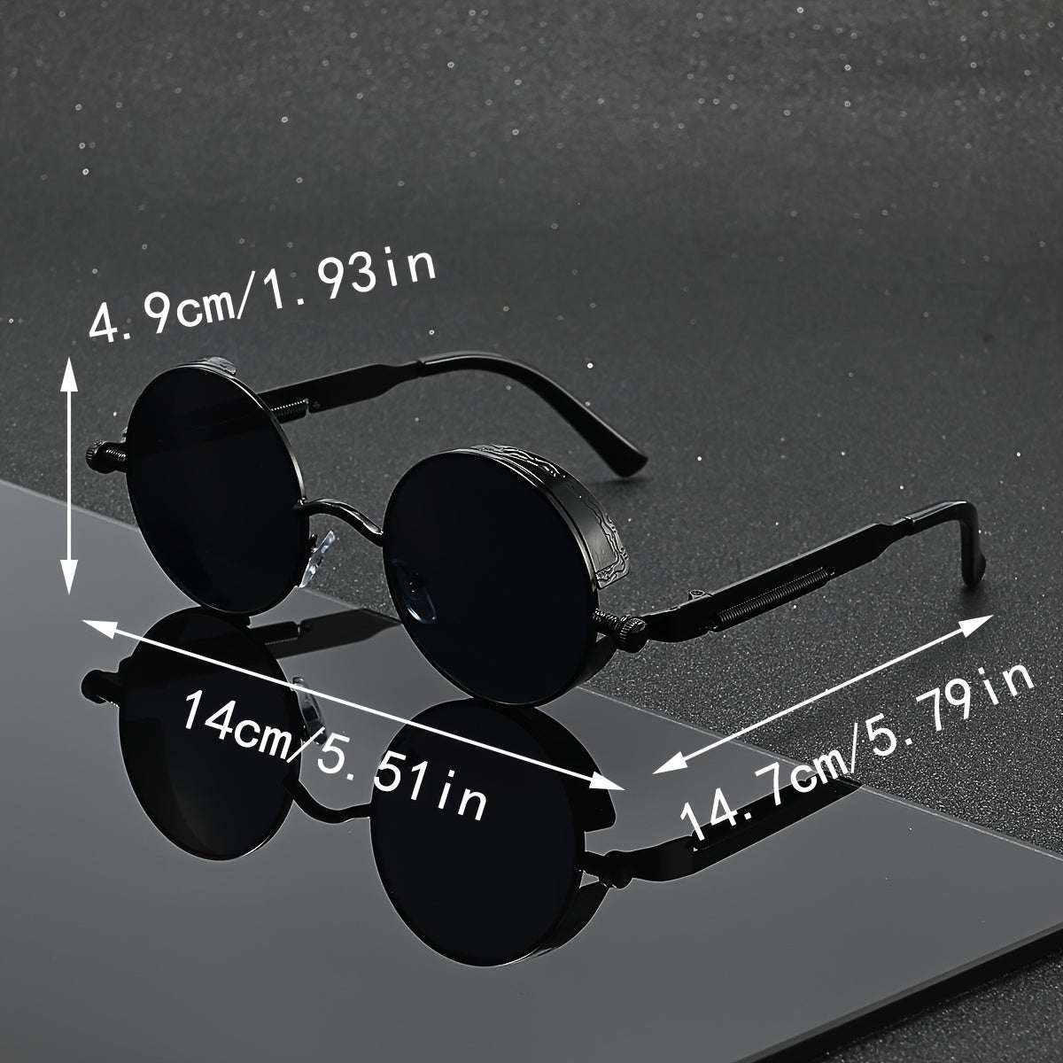 Black round-frame sunglasses with dimension annotations showing 14cm width, 4.9cm height, and 14.