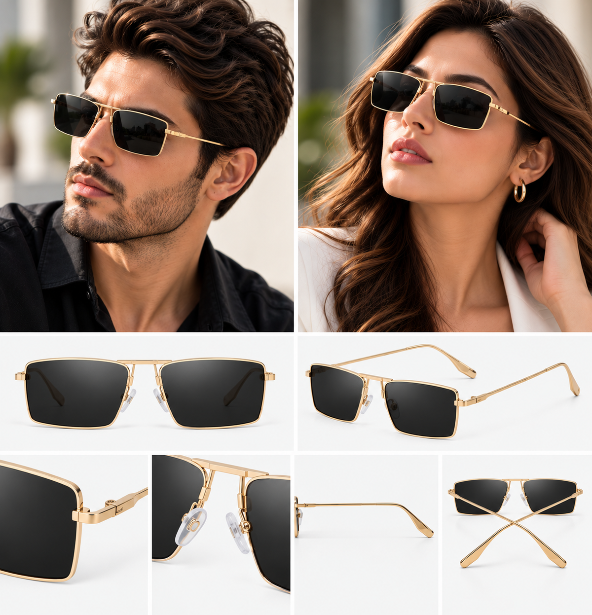 A collage showing men and women wearing square aviator-style sunglasses with slim gold metal frames and dark lenses, plus several isolated product views of the sunglasses on a clean white background.