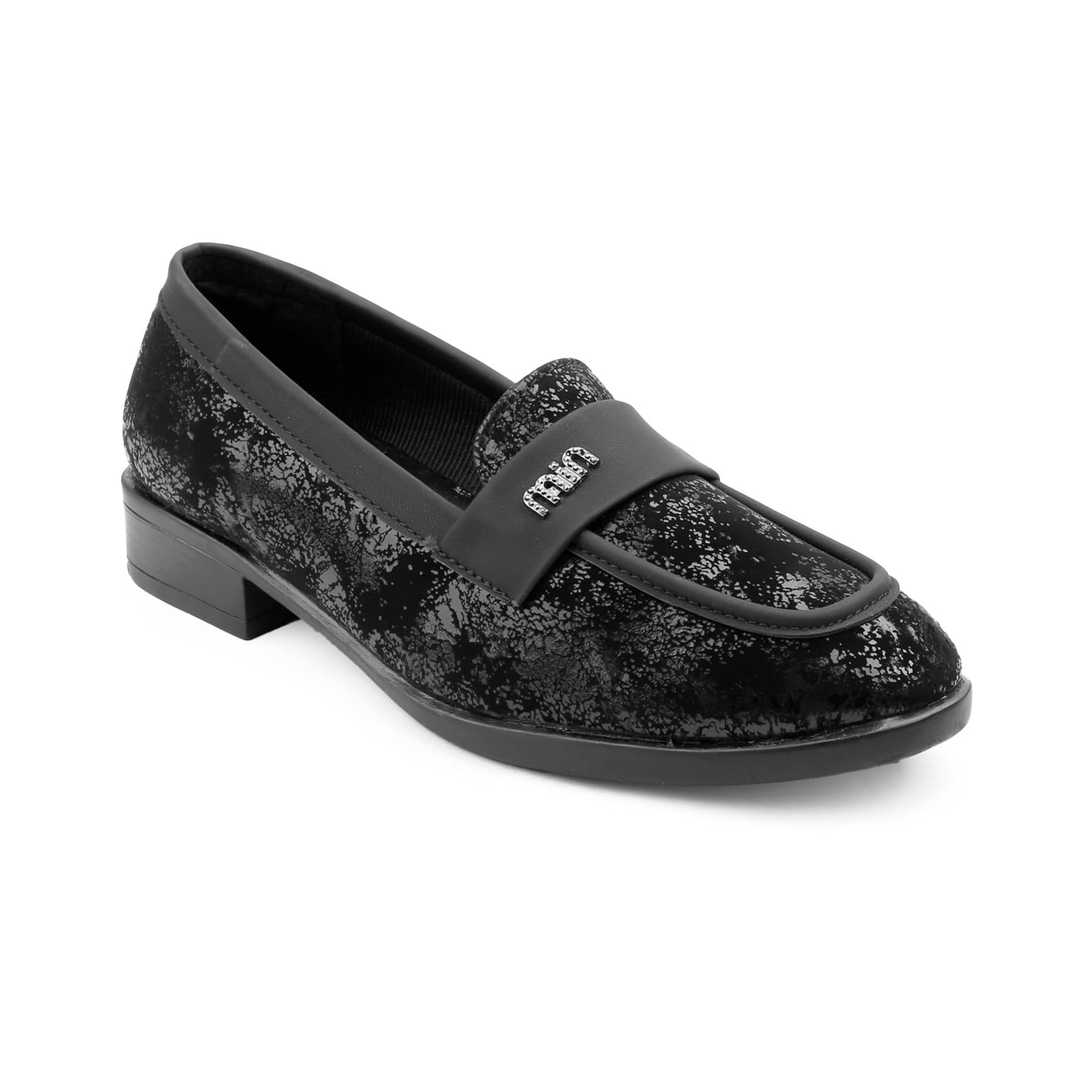 Black glittery loafer shoe on a white background