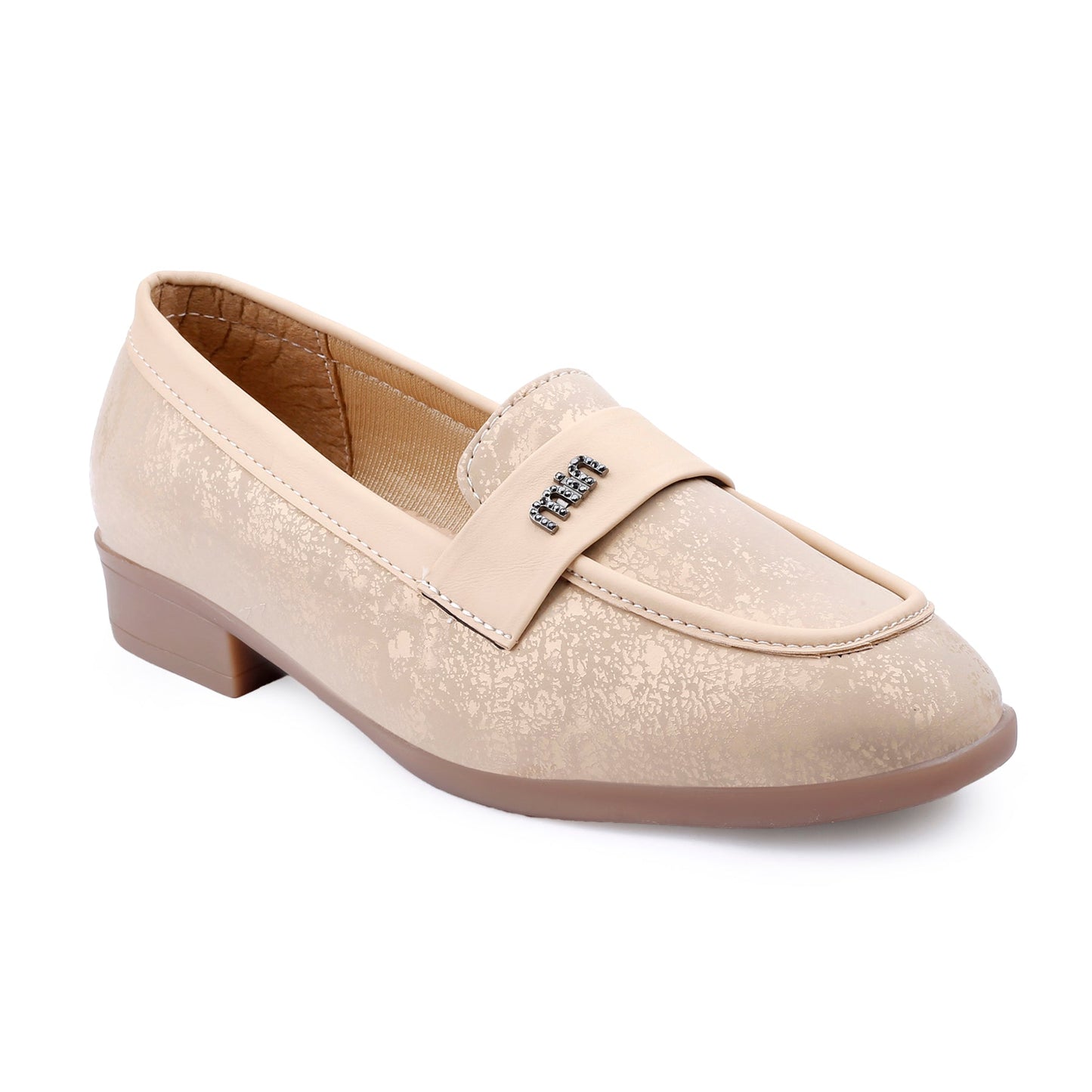 A single women's slip-on loafer in a light beige textured faux-leather material, featuring a low block heel, a decorative strap with a rhinestone-embellished 'LOEWE' logo, and a brown sole.