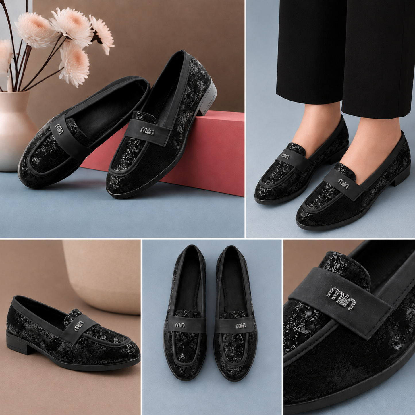 Black loafers with decorative details and 'miiw' branding on a blue background.