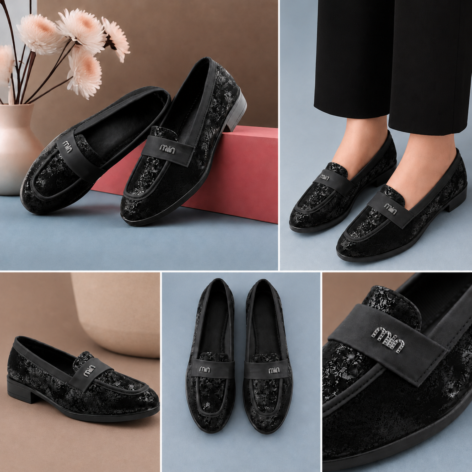 Black loafers with decorative details and 'miiw' branding on a blue background.