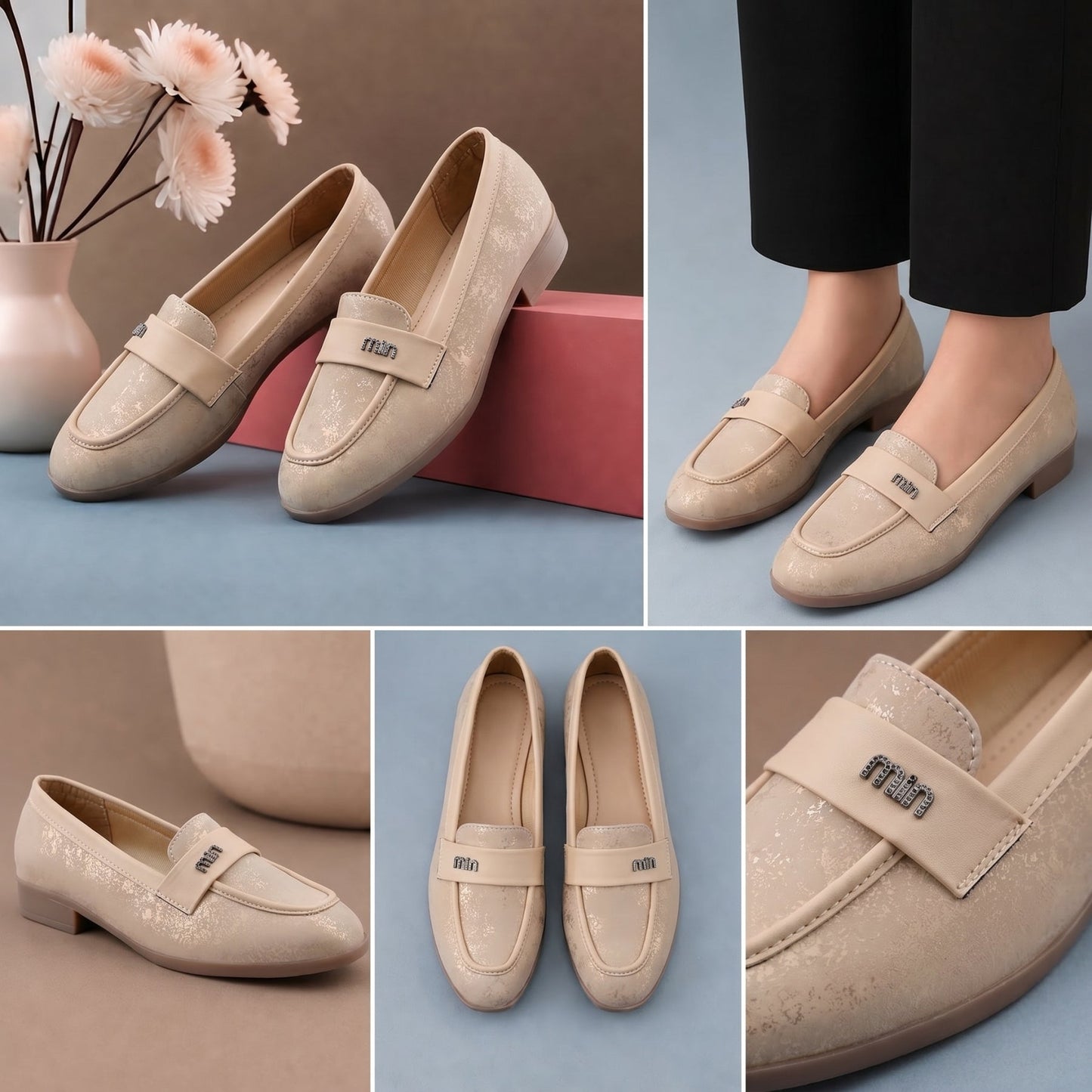 Collage of beige loafers on a blue background with a vase of flowers.