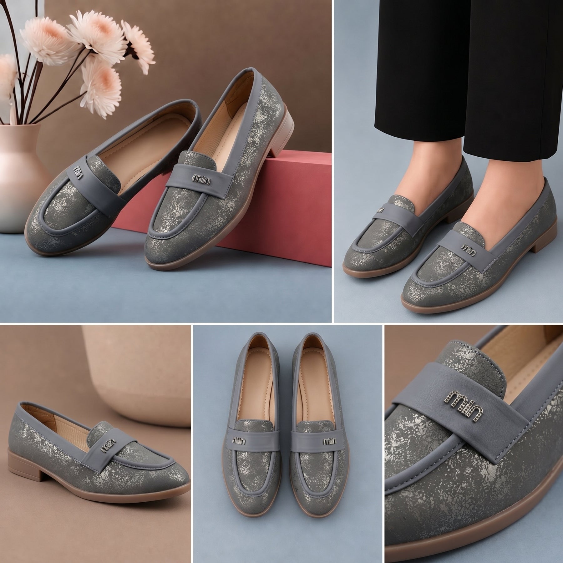 A five-panel collage showing women's loafers in multiple views. The shoes are taupe-gray with a metallic textured pattern, featuring a low block heel, pointed toe, and a wide gray strap with a small silver-tone buckle detail.