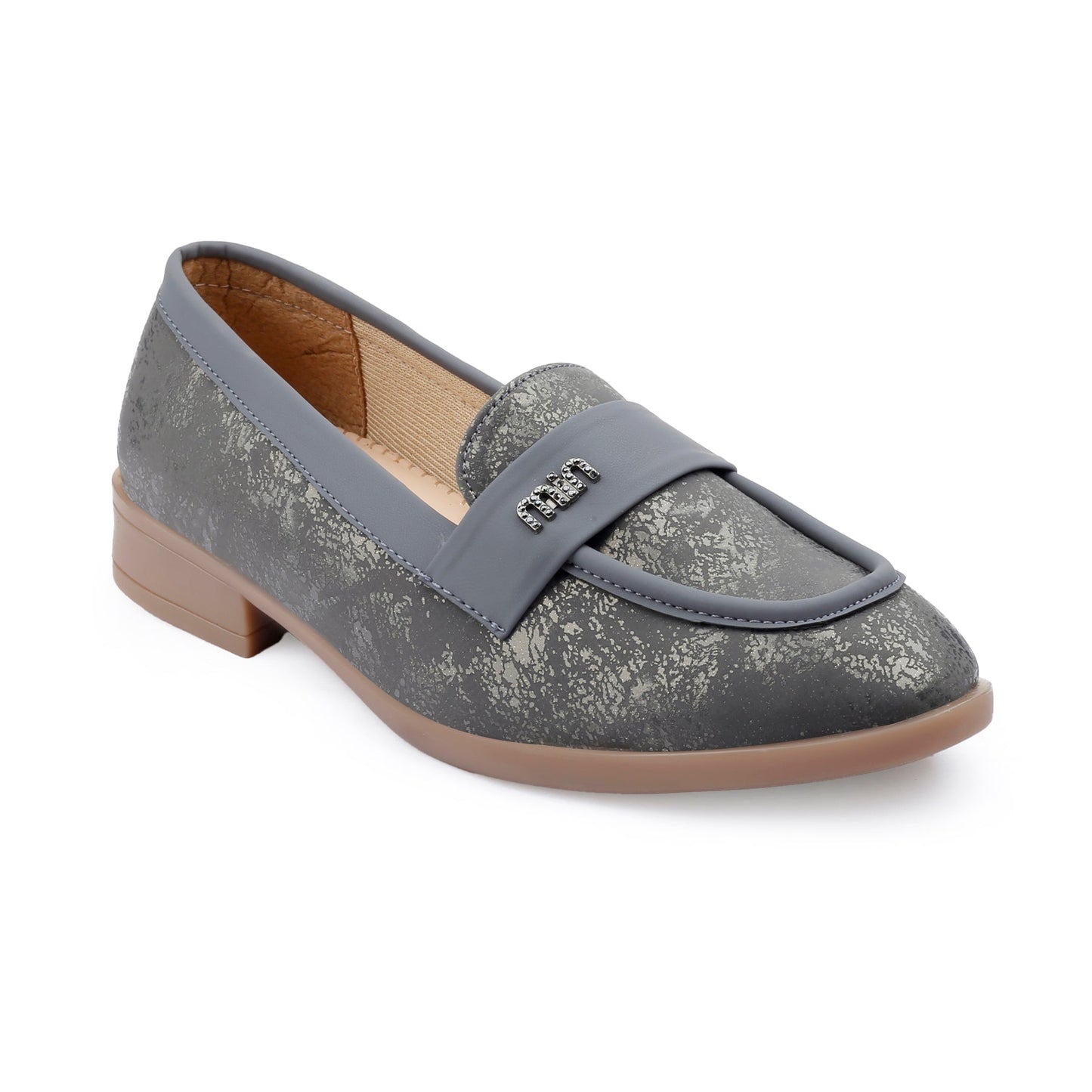 Gray loafers with a textured pattern on a white background