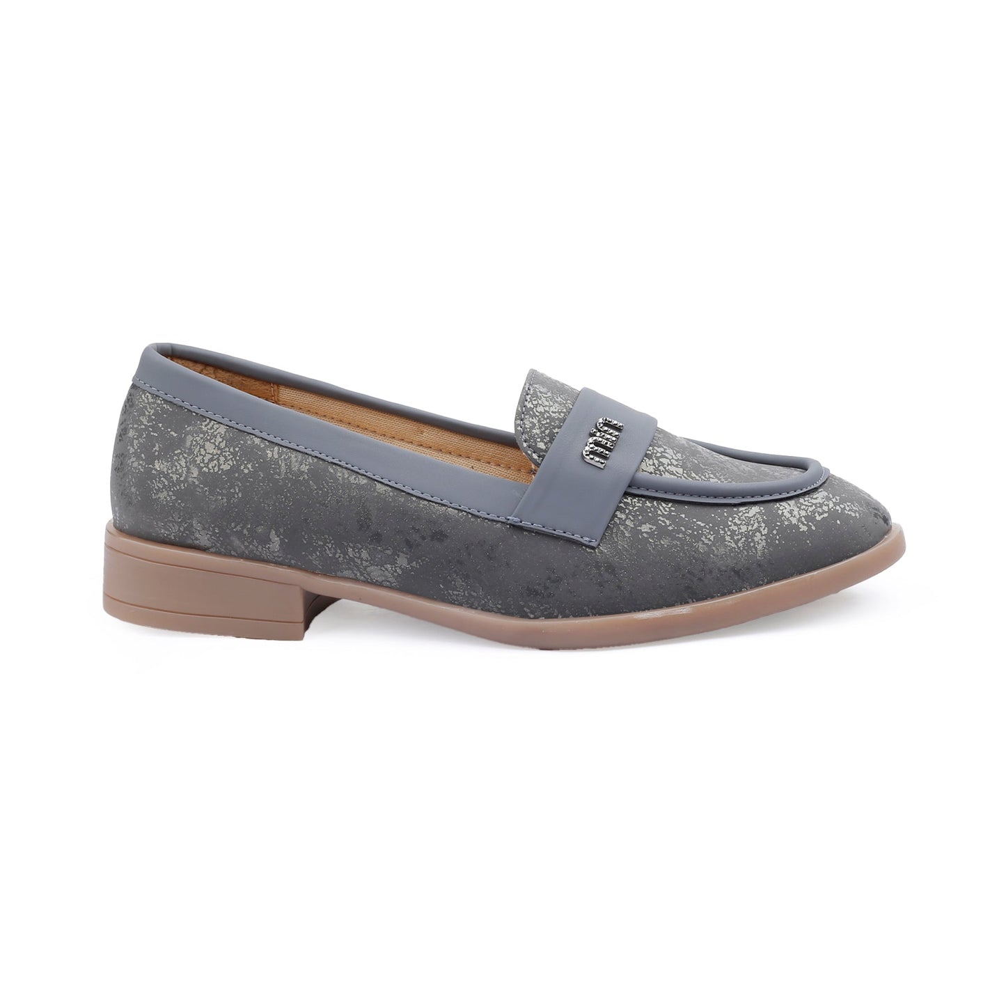 A single women's penny loafer in a textured slate gray finish with a contrasting dusty blue strap and a low tan block heel, shown from a side profile on a white background.