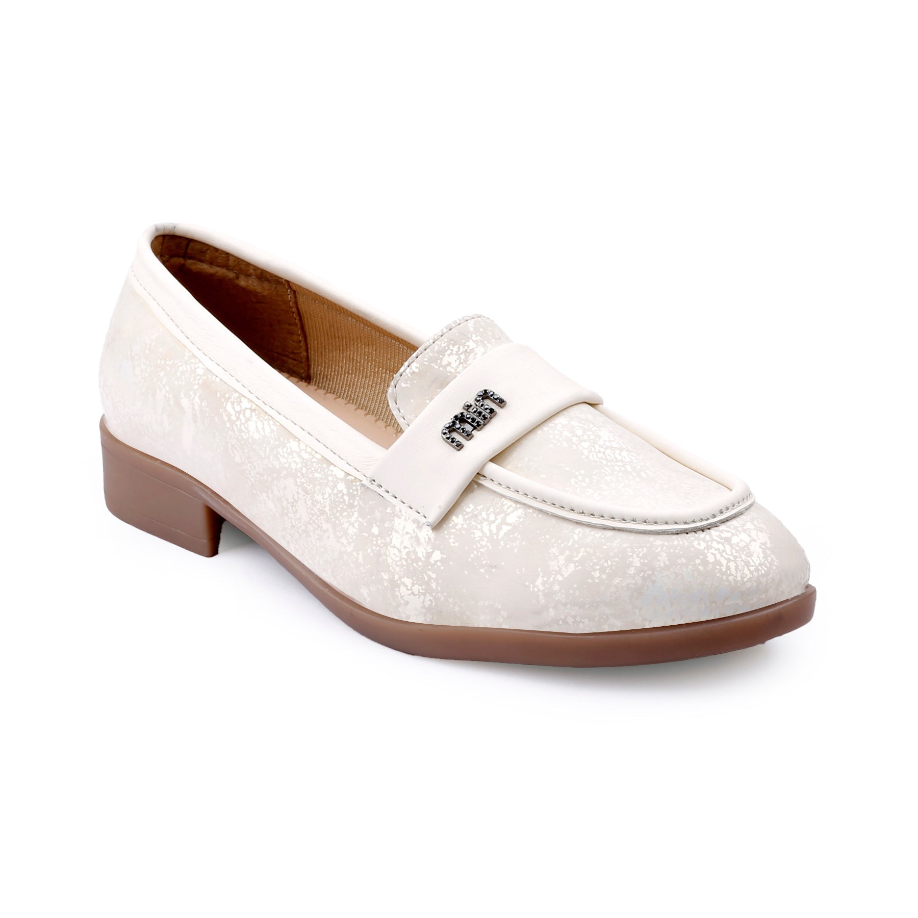 White loafer shoe with glittery texture on a white background