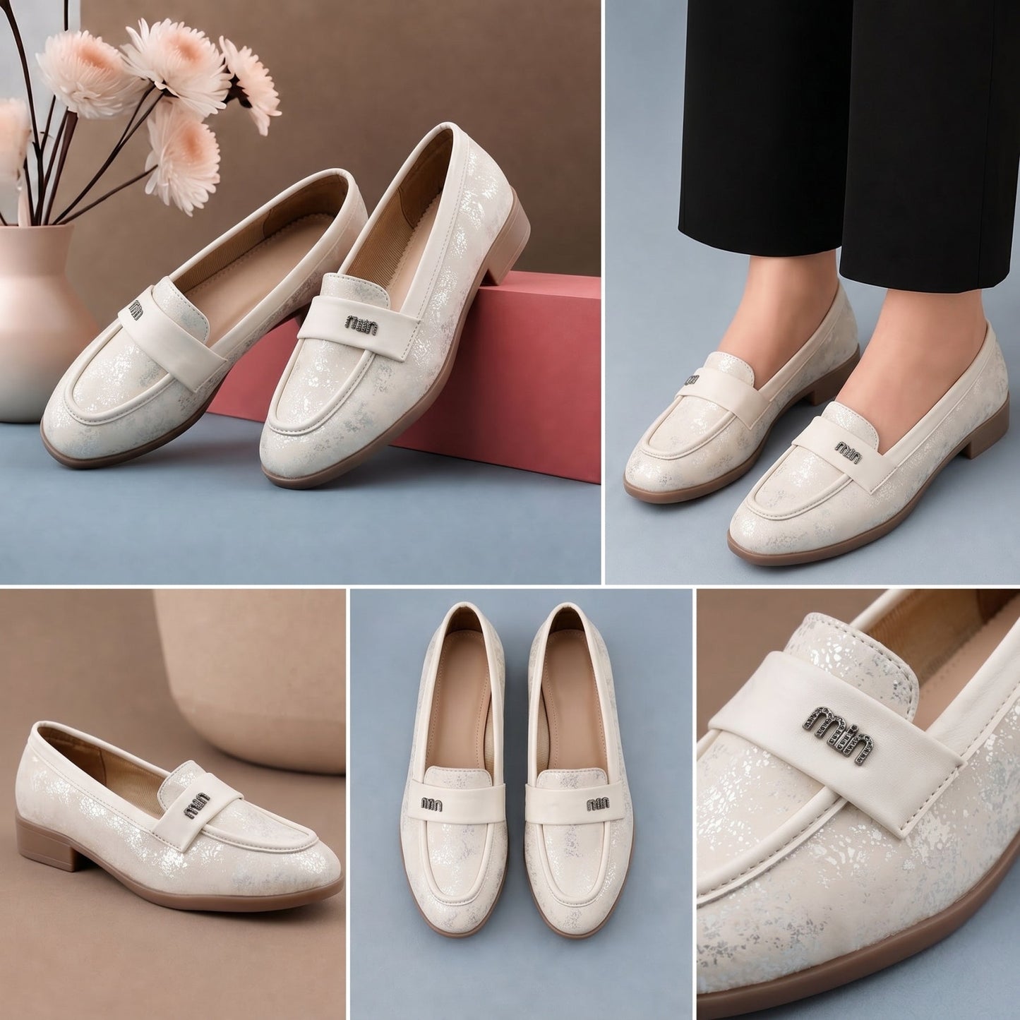 Collage of white loafers with a brand logo, displayed on a neutral background.