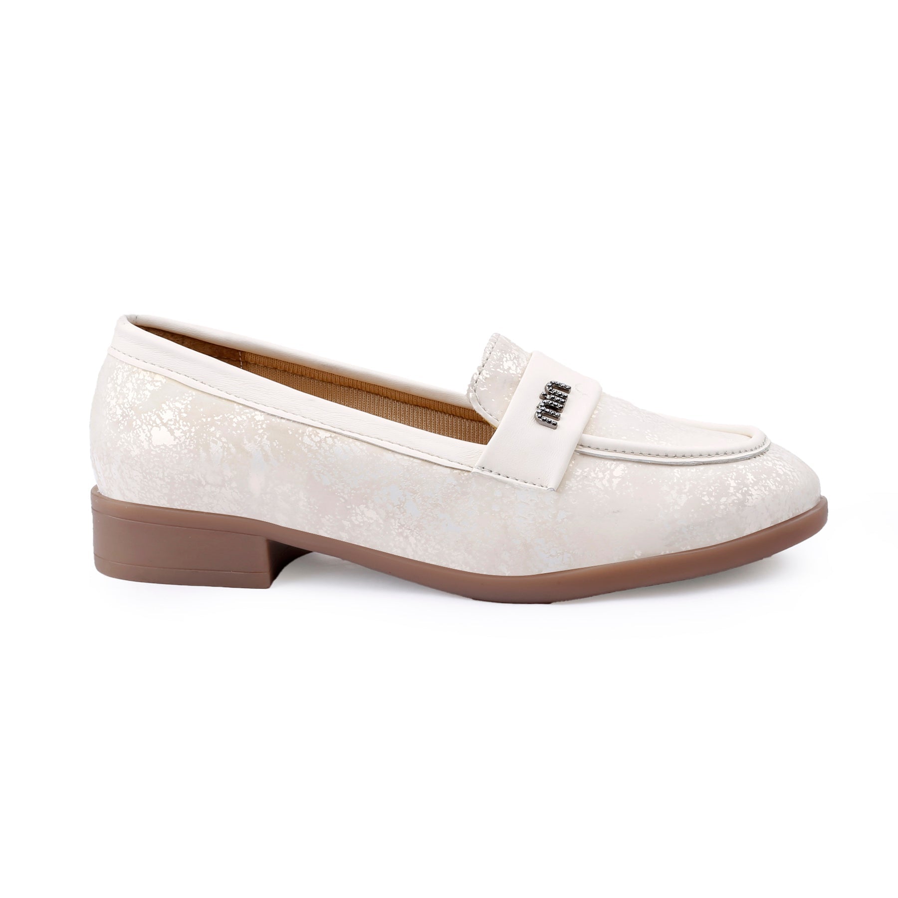 White loafer shoe with brown sole on a white background