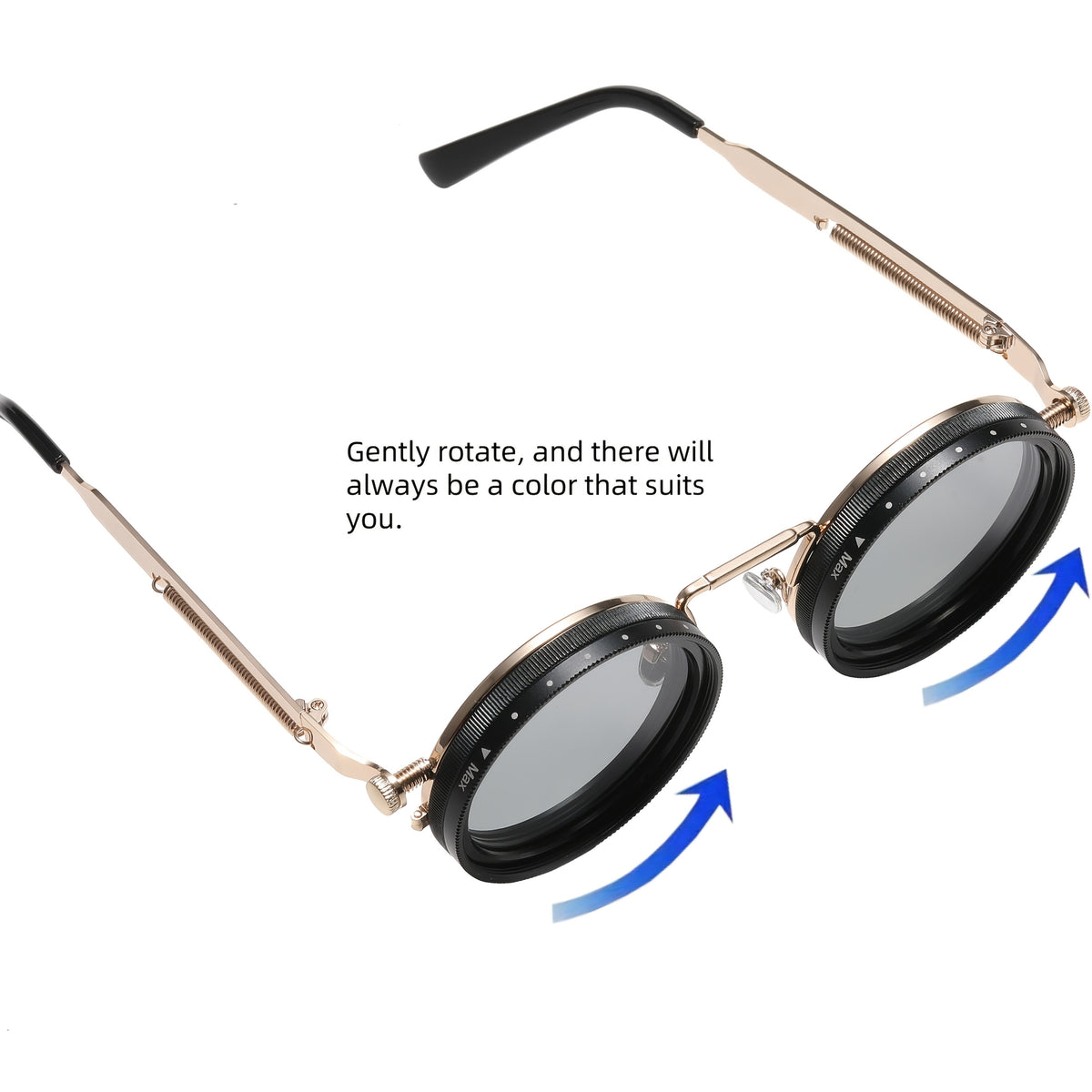 Round-frame eyeglasses with gold-tone metal arms and black rims, shown on a white background with instructional text and blue rotation arrows indicating adjustable fit.
