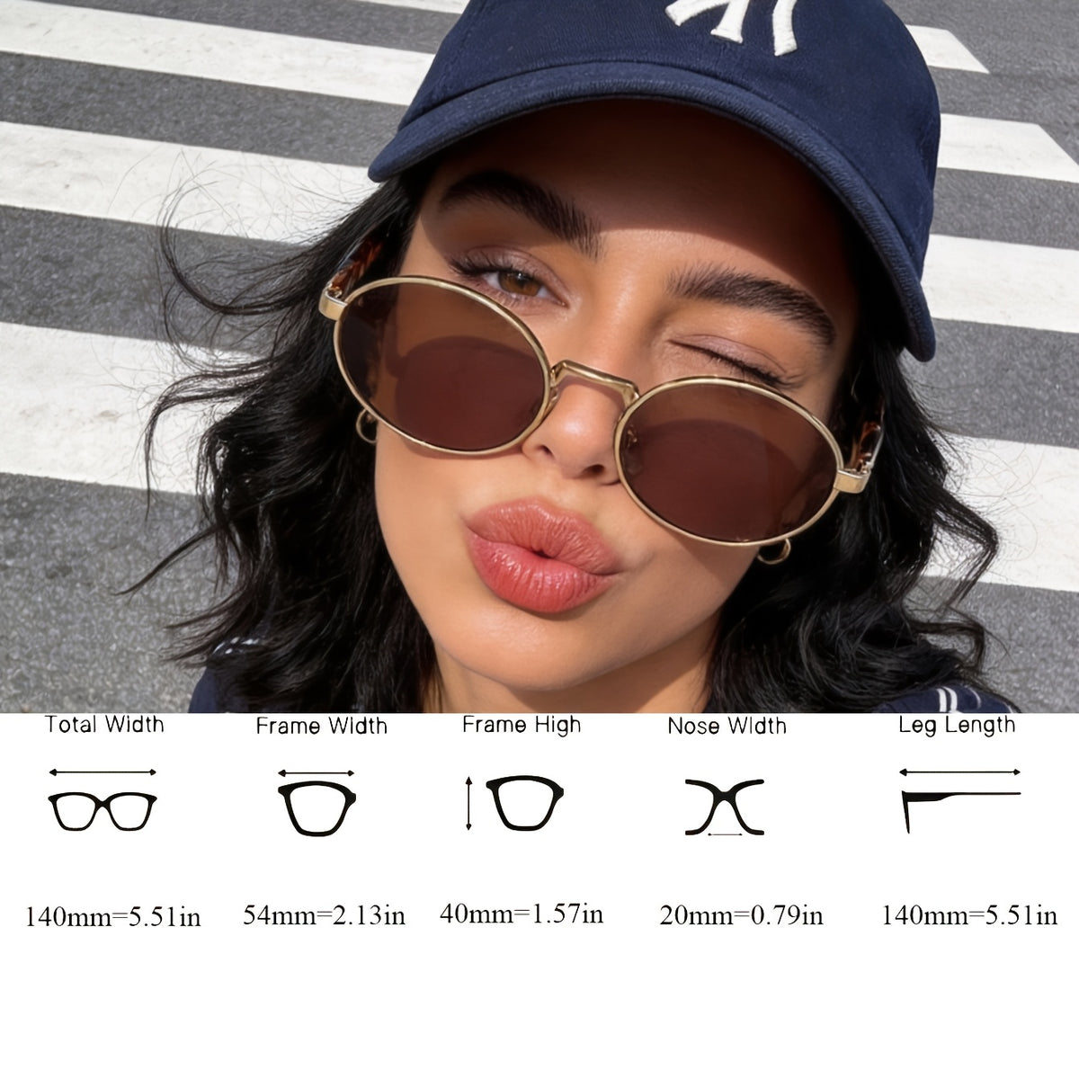 A woman wearing round gold-framed sunglasses with brown lenses, shown outdoors on a crosswalk. The image includes a measurement chart at the bottom detailing the sunglasses' dimensions: total width 140mm, frame width 54mm, frame height 40mm, nose width 20mm, and leg length 140mm.