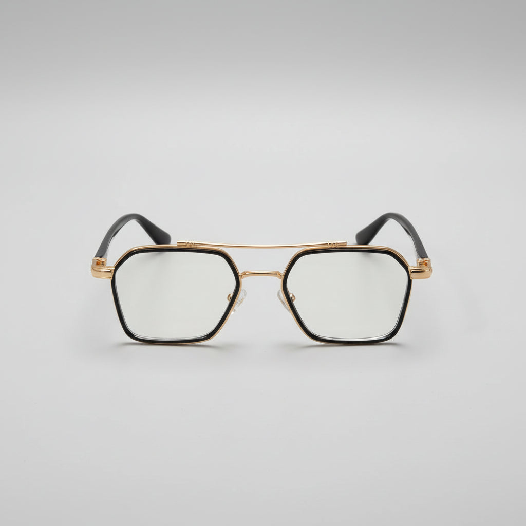 A pair of geometric square eyeglasses with a black acetate frame and gold metal double bridge and hinge details, displayed on a dark gray background.