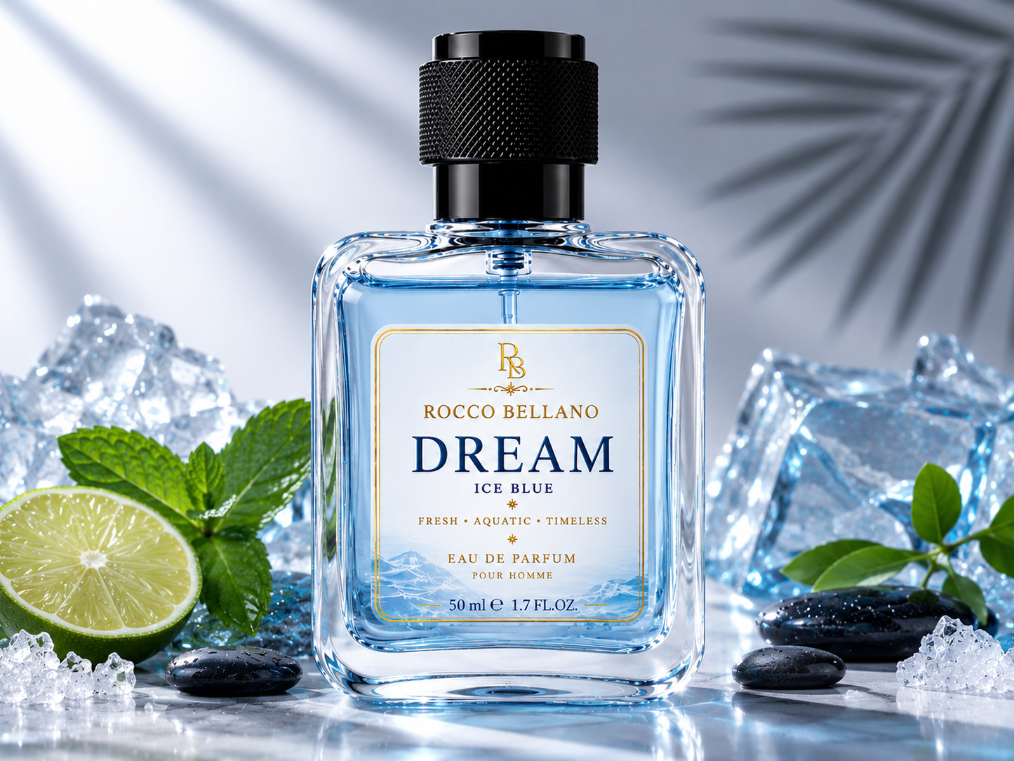 Rocco Bellano Dream Ice Blue perfume bottle with ice cubes and mint leaves on a reflective surface.